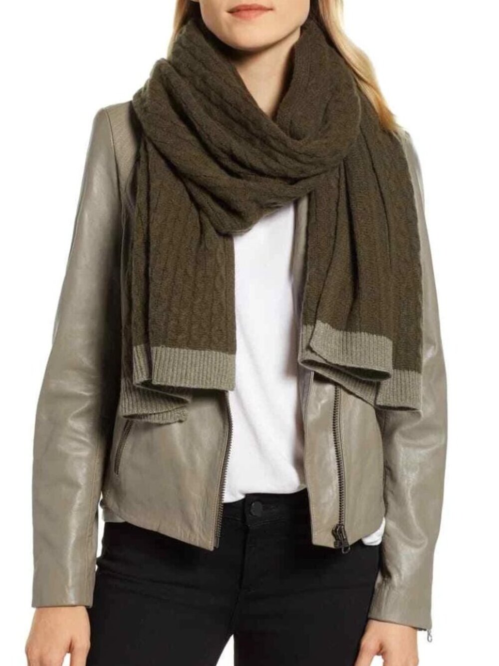 NWOT Halogen Cashmere Cable Knit Scarf Olive Green